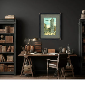 The Iron Sentinel Manhattans Wedge of Progress — Framed Wall Art Room View | Bella Frye