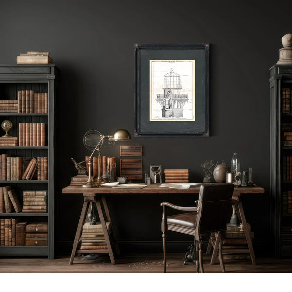 The Hatteras Lantern Room Blueprint — Guardian of the Graveyard of the Atlantic — Framed Wall Art Room View | Bella Frye