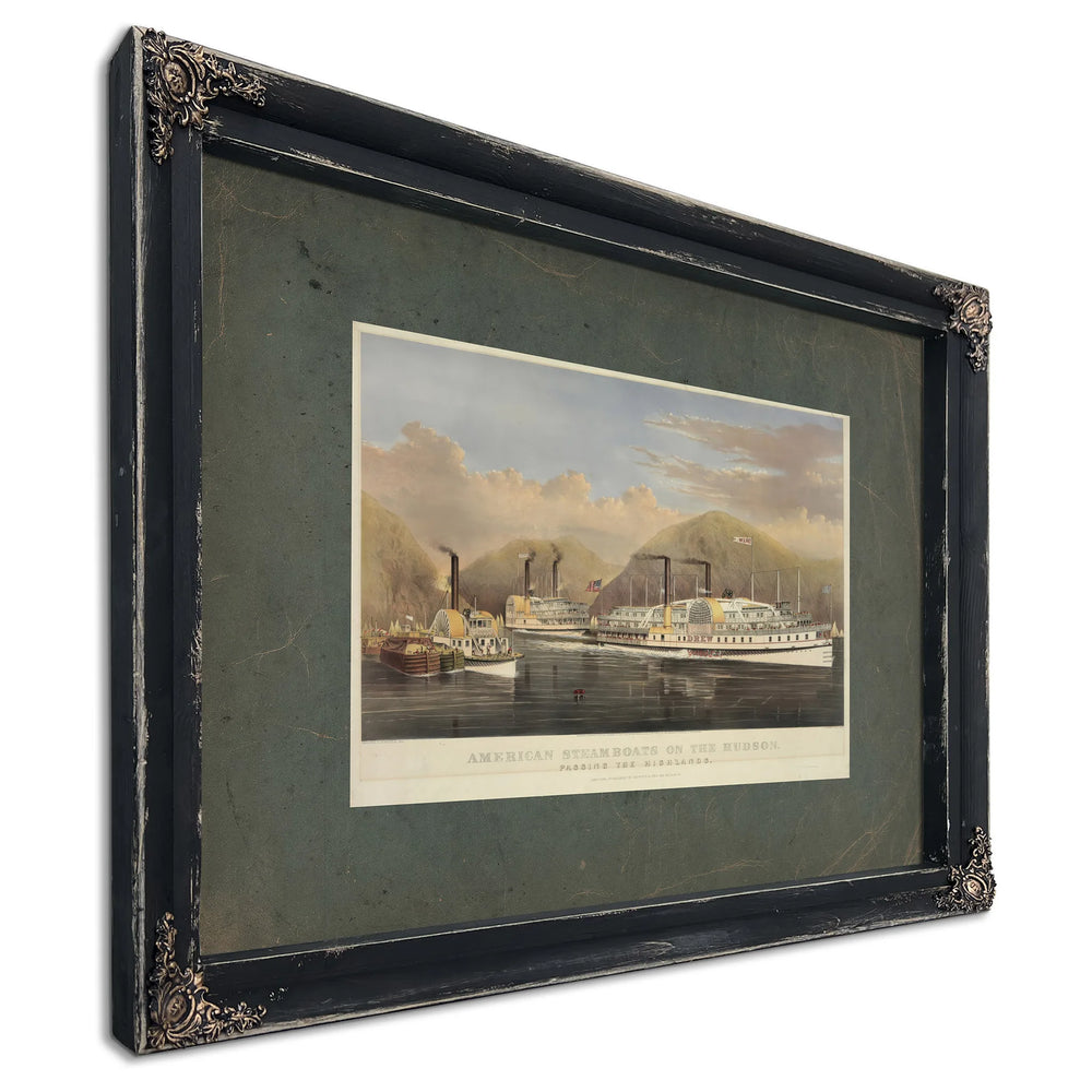American Steamboats on the Hudson_ Passing the Highlands 1874 — Ebony Framed Canvas Print | Bella Frye