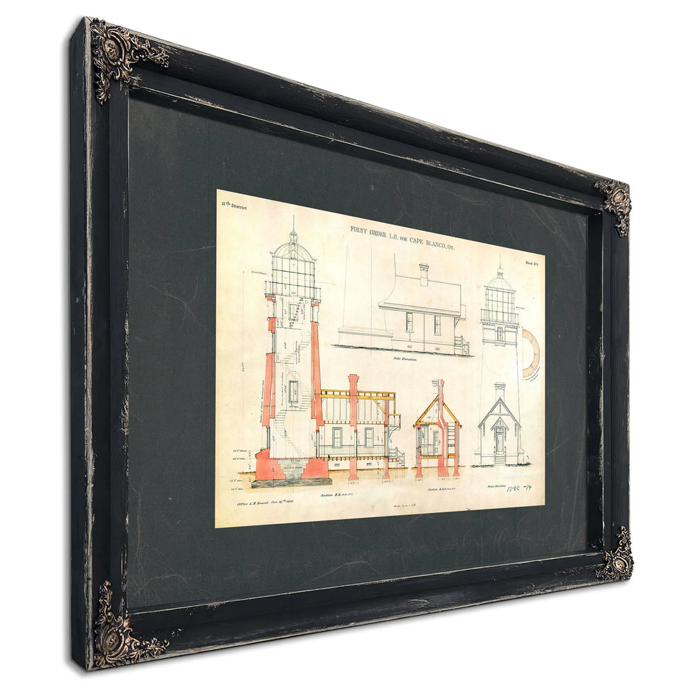 The Cape Blanco Light Station Blueprint Guardian of the Oregon Coast — Ebony Framed Canvas Print | Bella Frye