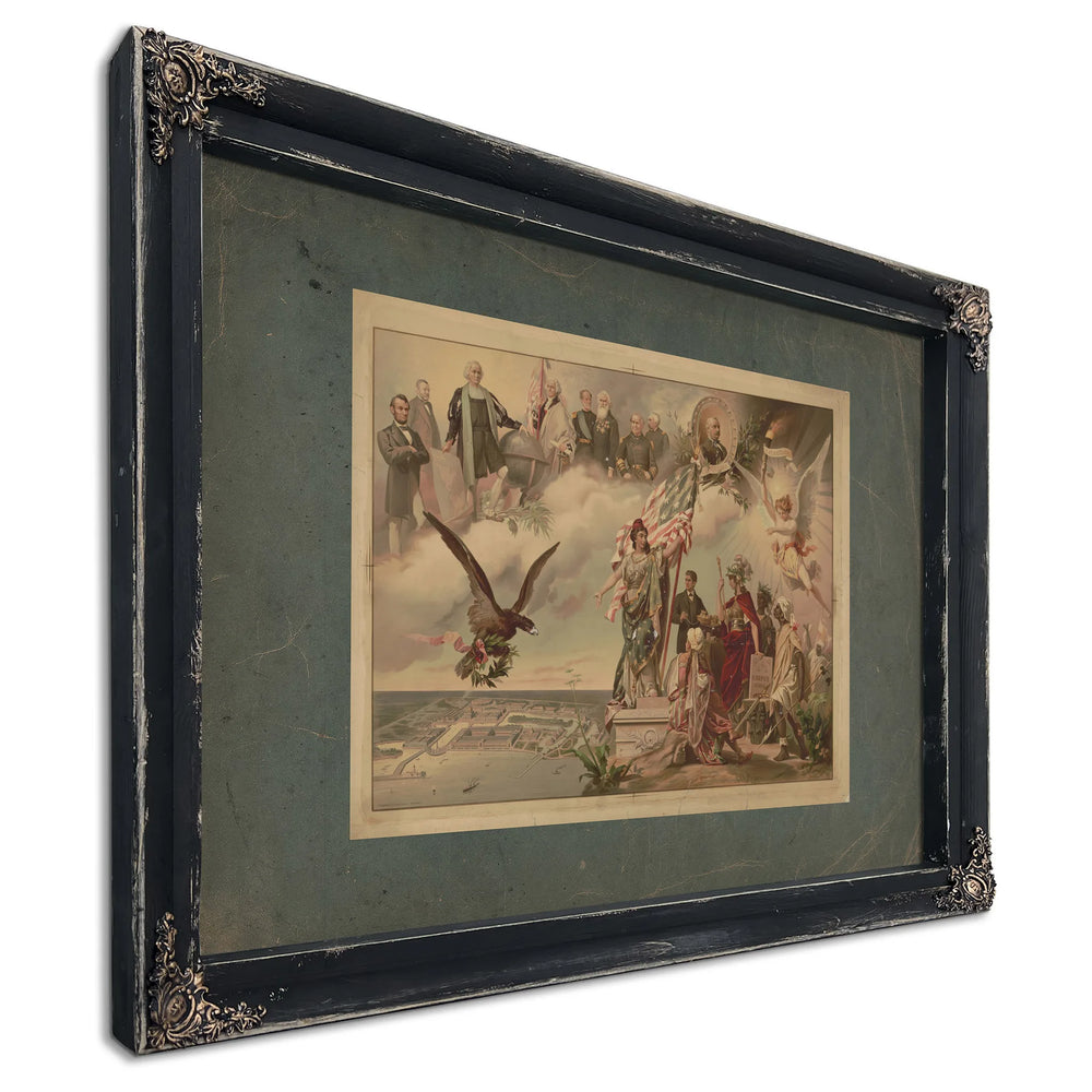 Depiction of Chicago Worlds Fair in Lower Left Allegorical Figures on the Ri — Ebony Framed Canvas Print | Bella Frye