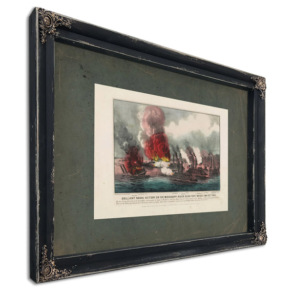 Brilliant Naval Victory on the Mississippi River Near Fort Wright May 1th 1 — Ebony Framed Canvas Print | Bella Frye