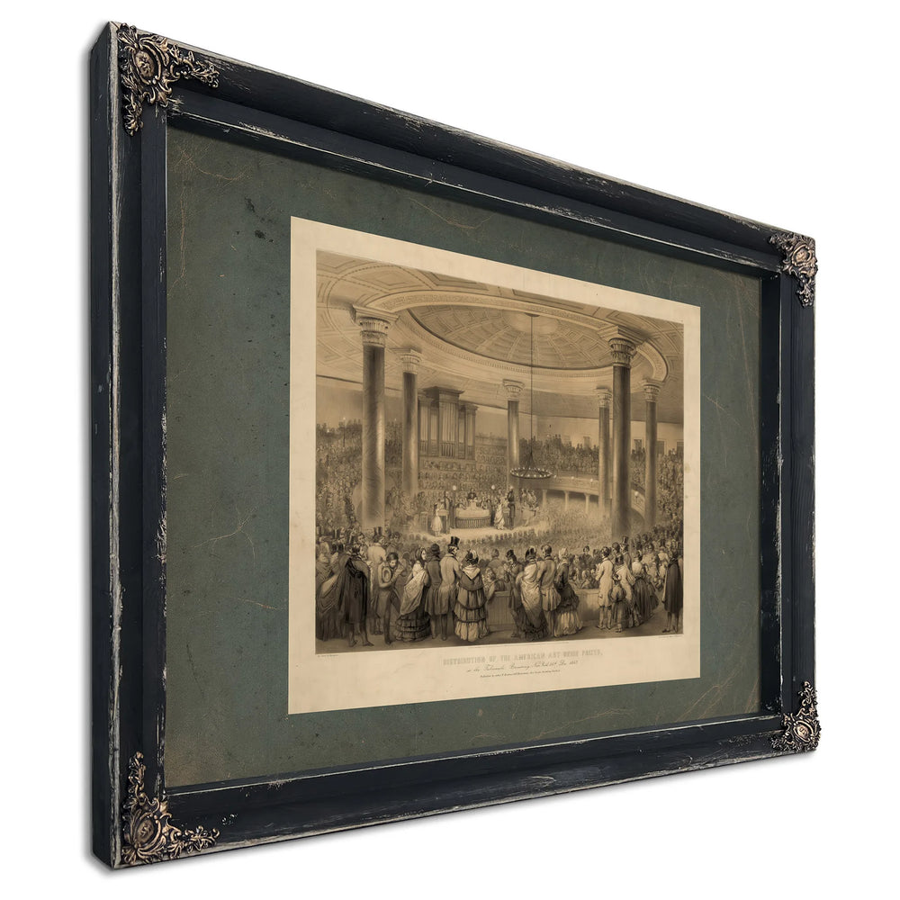 Distribution of the American Art Union Prizes at the Tabernacle Broadway New — Ebony Framed Canvas Print | Bella Frye