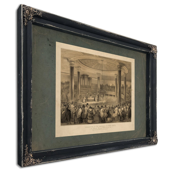 Distribution of the American Art Union Prizes at the Tabernacle Broadway New — Ebony Framed Canvas Print | Bella Frye