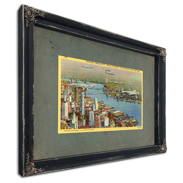 Steel Wings Over Manhattan Vintage Military Aviation Print — Ebony Framed Canvas Print | Bella Frye
