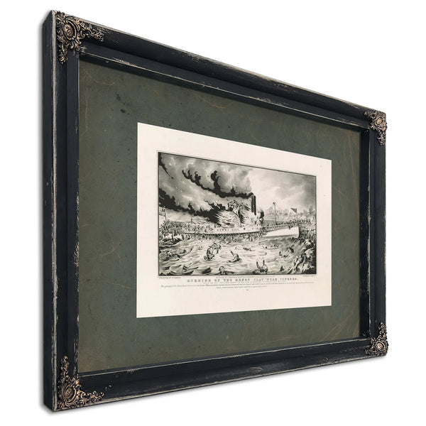 Burning of the Henry Clay Near Yonkers_ While on Her Trip From Albany to New — Ebony Framed Canvas Print | Bella Frye