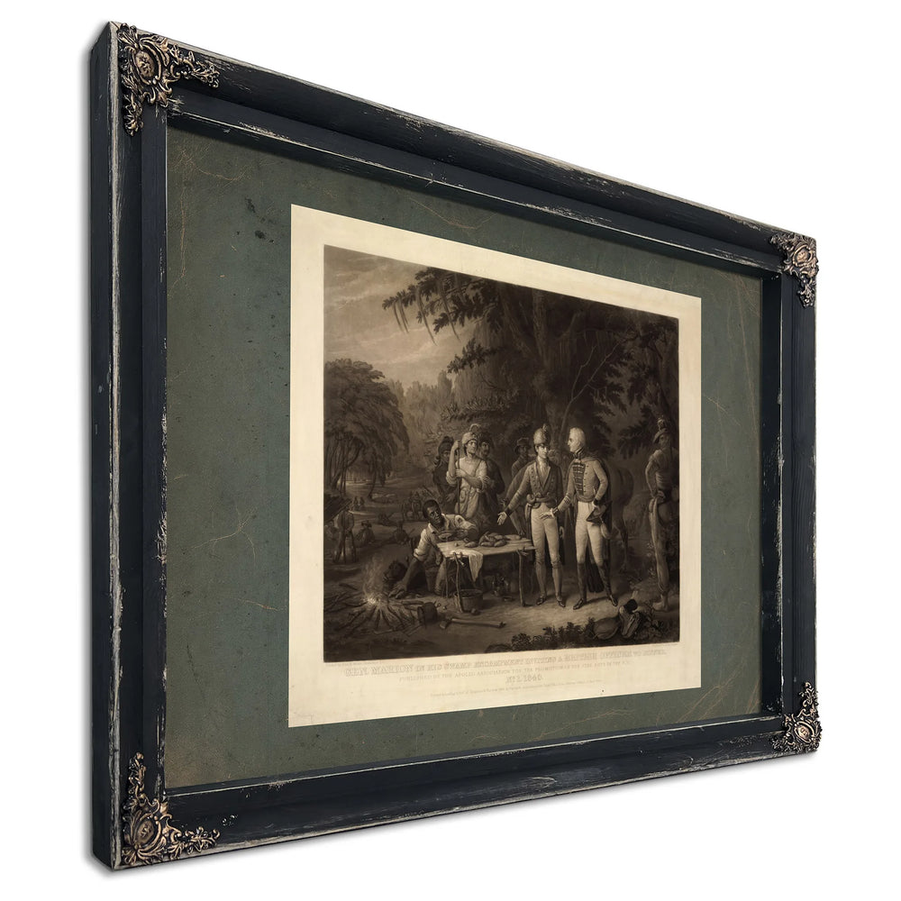 Gen Marion in His Swamp Encampment Inviting a British Officer to Dinner 184 — Ebony Framed Canvas Print | Bella Frye