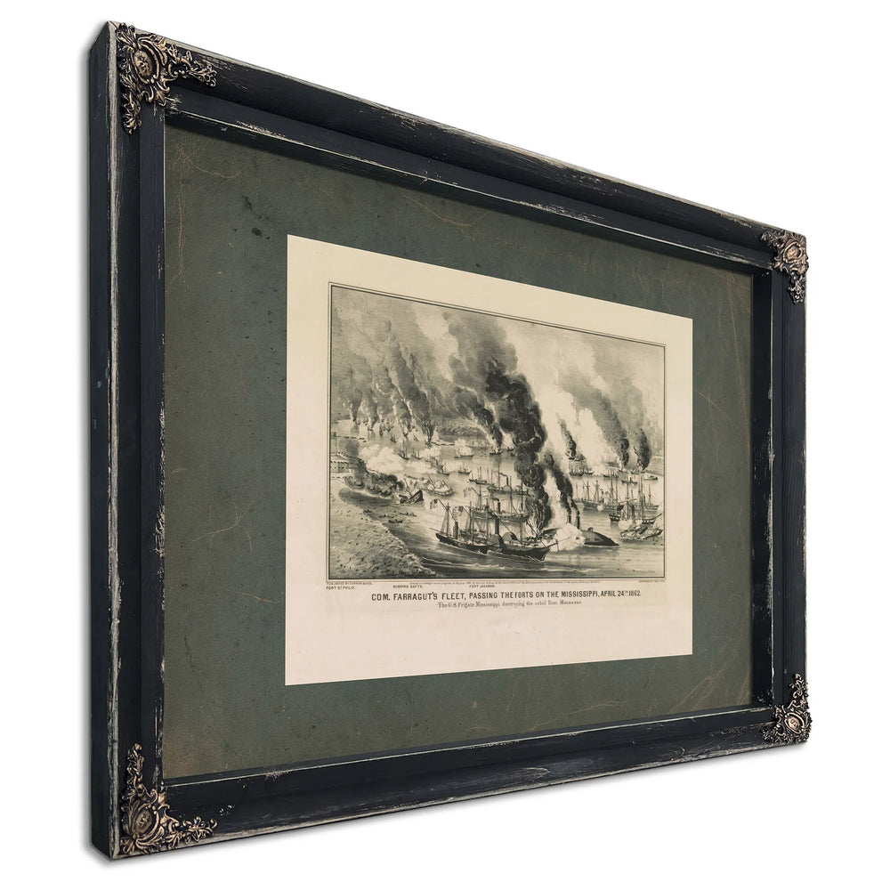 Com Farraguts Fleet Passing the Forts on the Mississippi April 24th 1862 the — Ebony Framed Canvas Print | Bella Frye