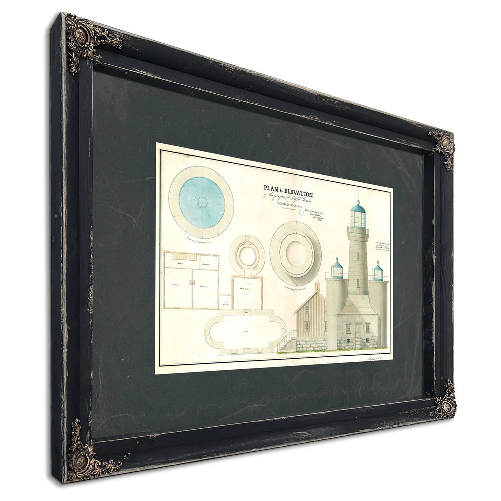 The Keepers Vigil Matinicus Rock Lighthouse Architectural Blueprint — Ebony Framed Canvas Print | Bella Frye