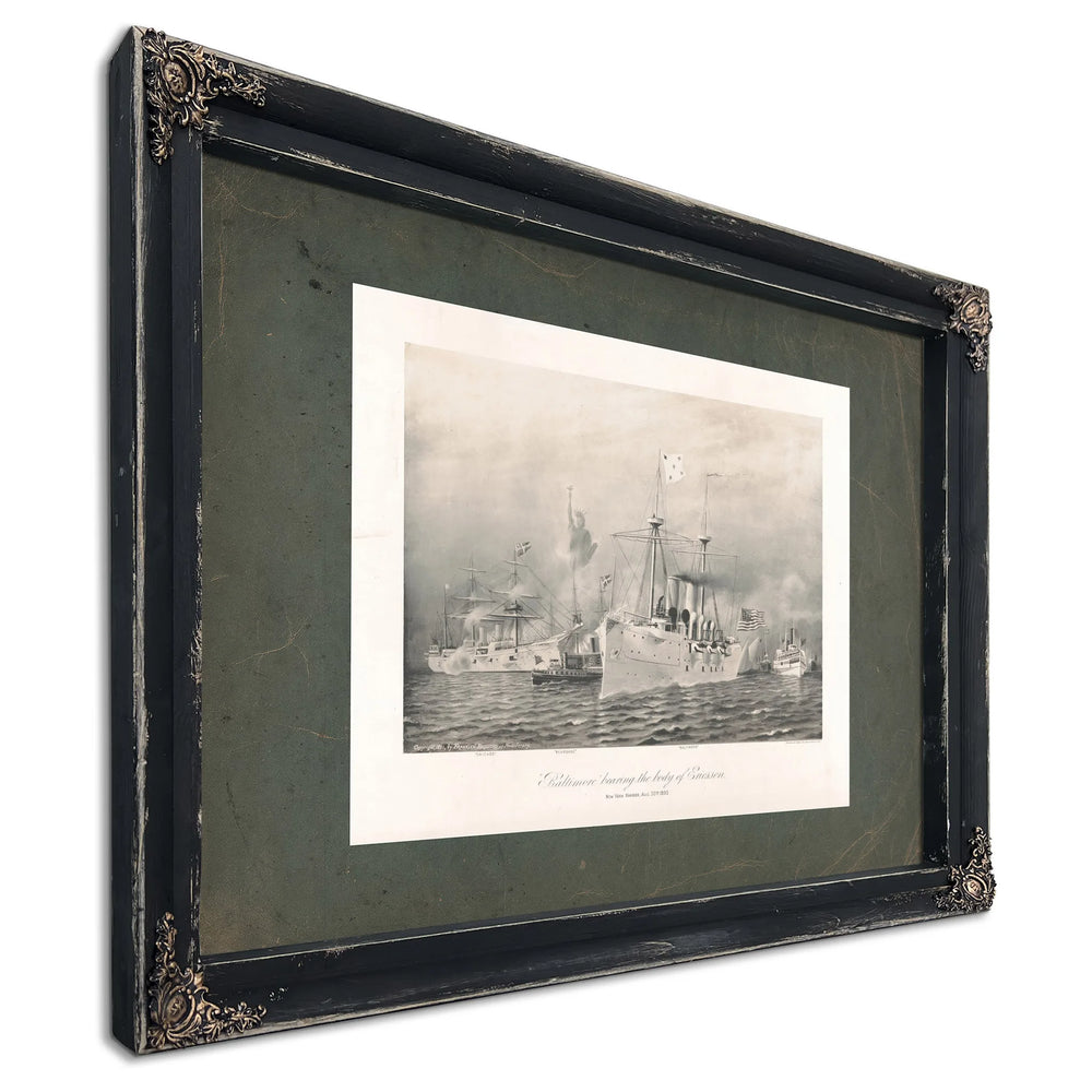 Baltimore Bearing the Body of Ericsson New York Harbor Aug 3th 189 1891 — Ebony Framed Canvas Print | Bella Frye