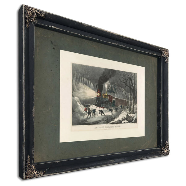 American Railroad Scene_ Snowbound 1871 — Ebony Framed Canvas Print | Bella Frye