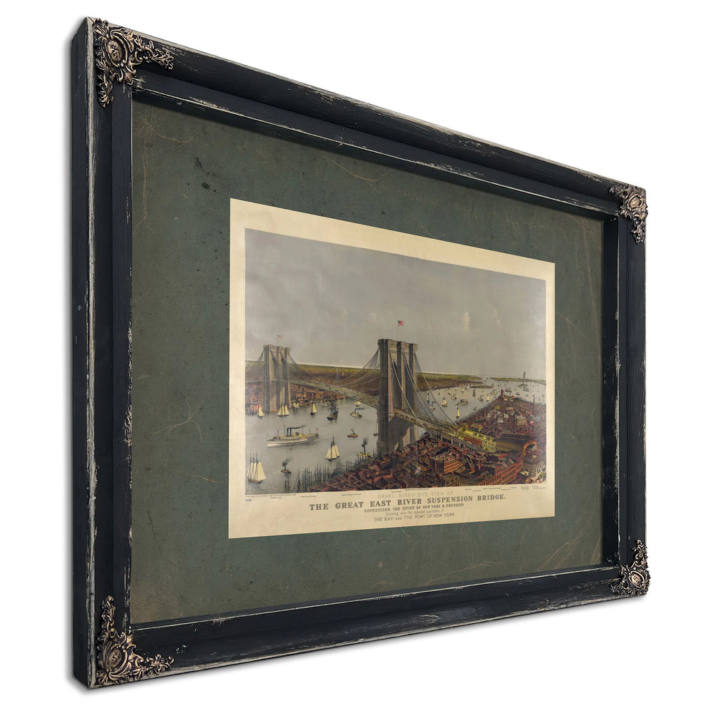 Grand Birds Eye View of the Great East River Suspension Bridge Connecting Th — Ebony Framed Canvas Print | Bella Frye
