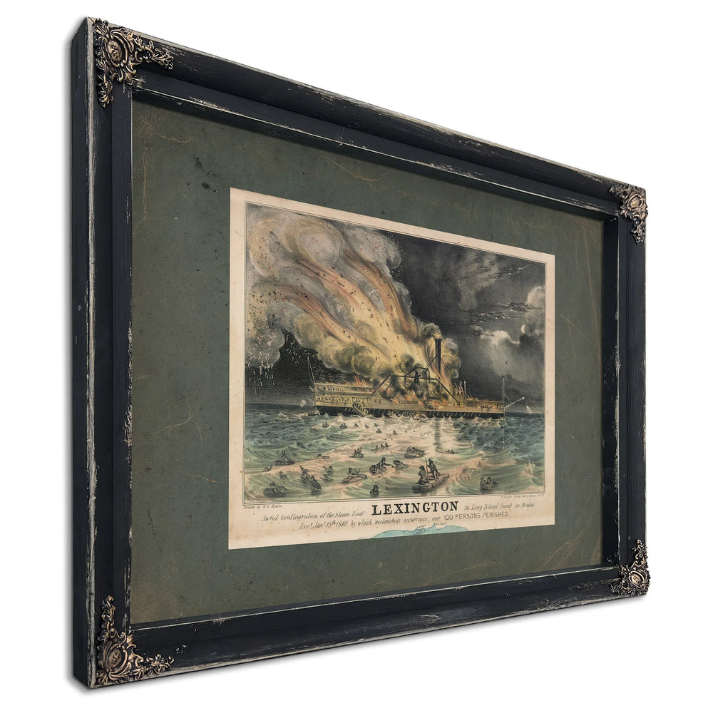 Awful Conflagration of the Steam Boat Lexington in Long Island Sound on Mond — Ebony Framed Canvas Print | Bella Frye