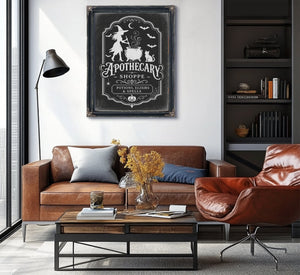 Apothecary Shoppe Sign Halloween wall art in a styled room
