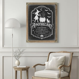 Apothecary Shoppe Sign Halloween wall art in a styled room