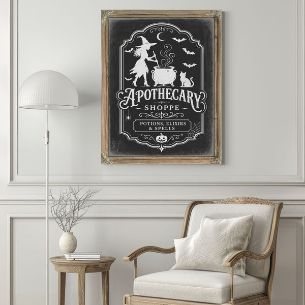 Apothecary Shoppe Sign Halloween wall art in a styled room