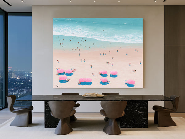 Aerial Beach Scene With Pink Umbrellas by Bella Frye