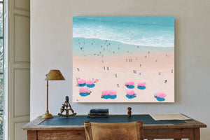 Aerial Beach Scene With Pink Umbrellas by Bella Frye