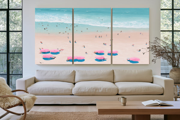 Aerial Beach Scene With Pink Umbrellas by Bella Frye