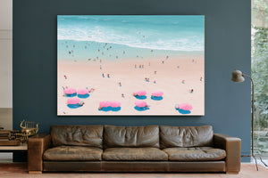 Aerial Beach Scene With Pink Umbrellas by Bella Frye