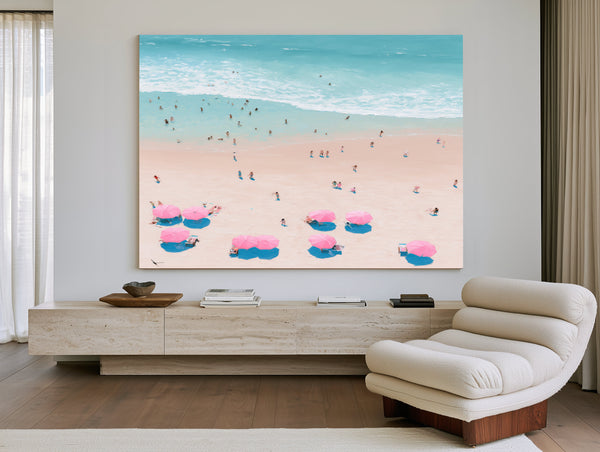 Aerial Beach Scene With Pink Umbrellas by Bella Frye
