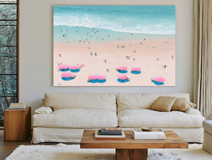 Aerial Beach Scene With Pink Umbrellas by Bella Frye