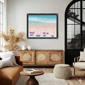 Aerial Beach Scene With Pink Umbrellas by Bella Frye