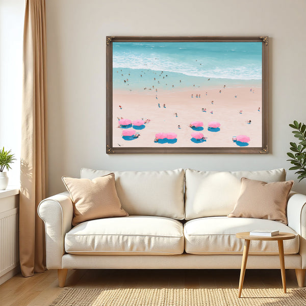 Aerial Beach Scene With Pink Umbrellas by Bella Frye