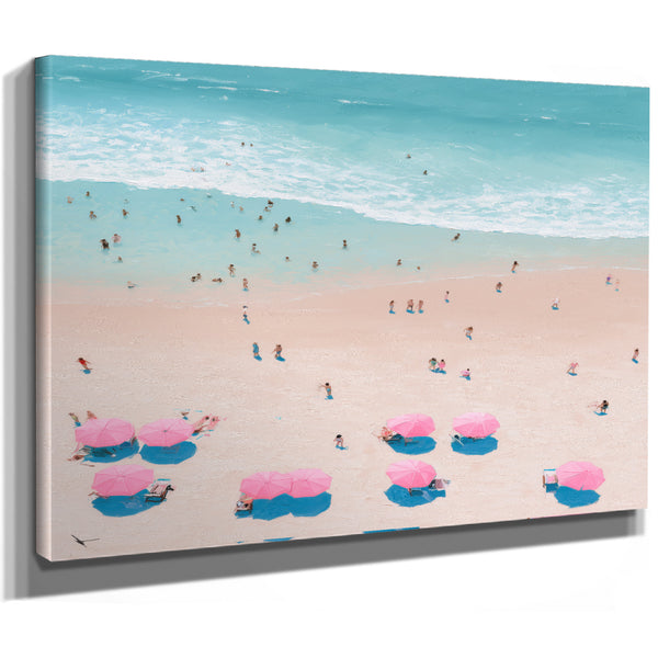 Aerial Beach Scene With Pink Umbrellas by Bella Frye