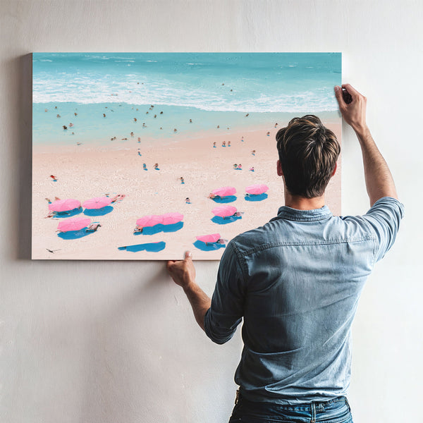 Aerial Beach Scene With Pink Umbrellas by Bella Frye