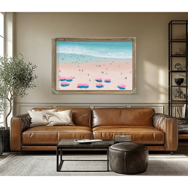 Aerial Beach Scene With Pink Umbrellas by Bella Frye