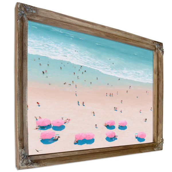 Aerial Beach Scene With Pink Umbrellas by Bella Frye