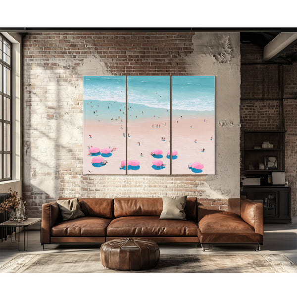 Aerial Beach Scene With Pink Umbrellas by Bella Frye