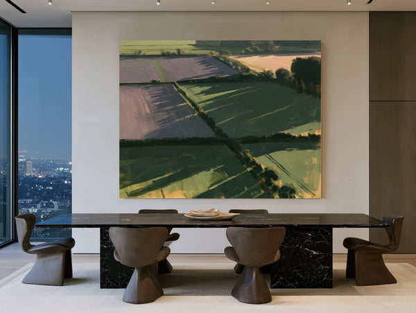 Aerial Farmland Patchwork In Evening Light by Bella Frye