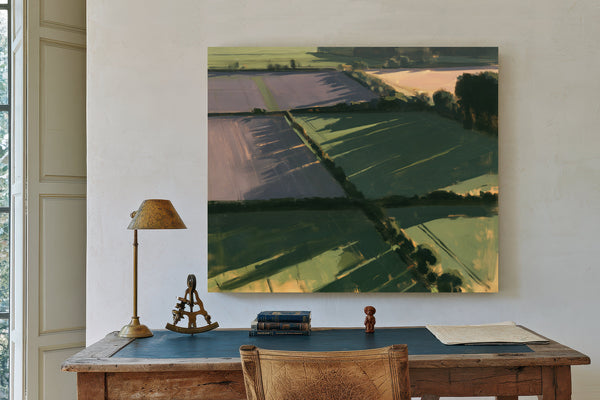 Aerial Farmland Patchwork In Evening Light by Bella Frye