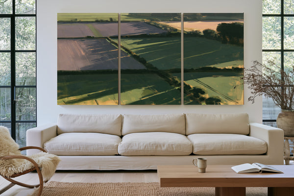 Aerial Farmland Patchwork In Evening Light by Bella Frye