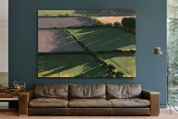 Aerial Farmland Patchwork In Evening Light by Bella Frye