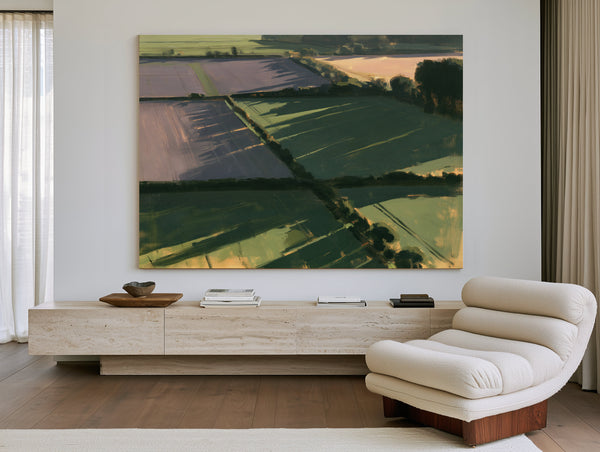 Aerial Farmland Patchwork In Evening Light by Bella Frye
