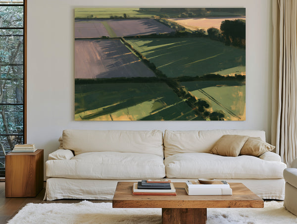 Aerial Farmland Patchwork In Evening Light by Bella Frye