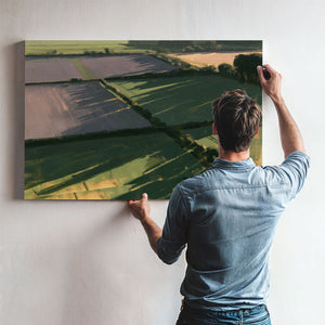 Aerial Farmland Patchwork In Evening Light by Bella Frye
