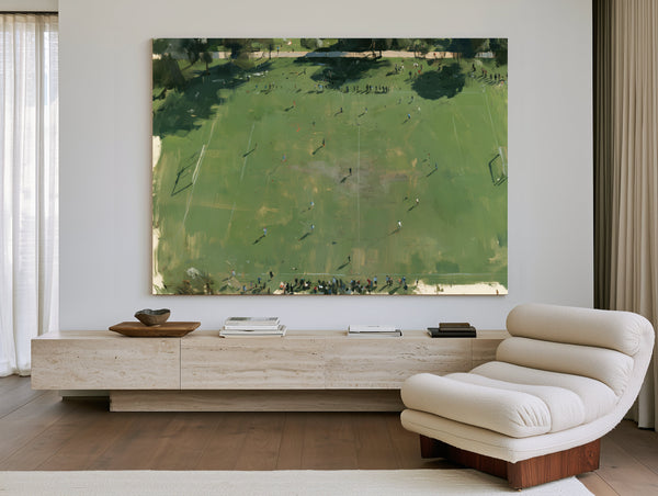 Aerial View Green Soccer Field With Players by Bella Frye