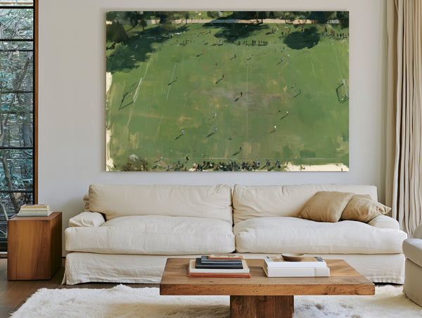 Aerial View Green Soccer Field With Players by Bella Frye
