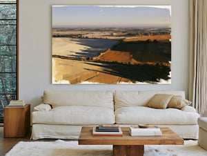 Aerial View Rolling Farmland Autumn Light by Bella Frye