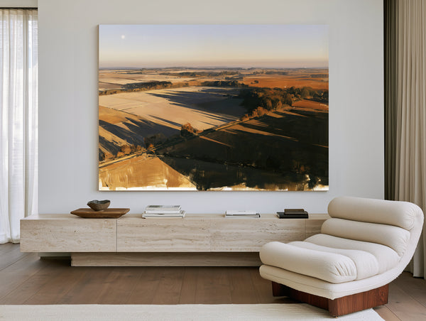 Aerial View Of Sunlit Farmland Fields by Bella Frye