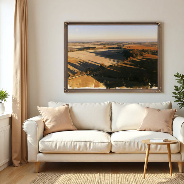 Aerial View Of Sunlit Farmland Fields by Bella Frye