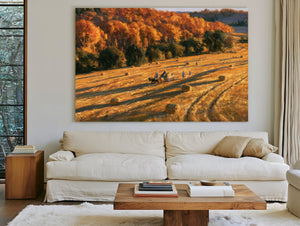 Autumn Harvest Field With Horse-Drawn Wagon by Bella Frye