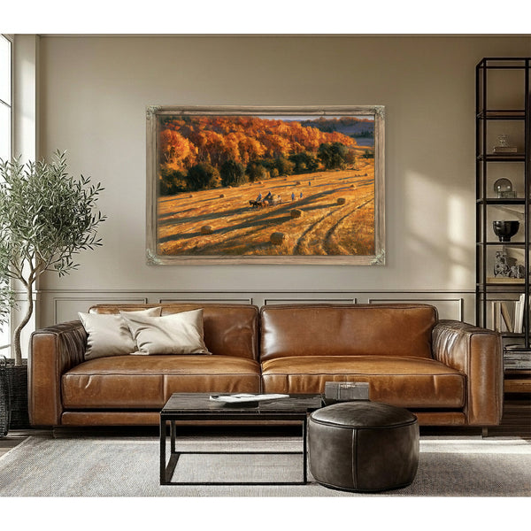 Autumn Harvest Field With Horse-Drawn Wagon by Bella Frye
