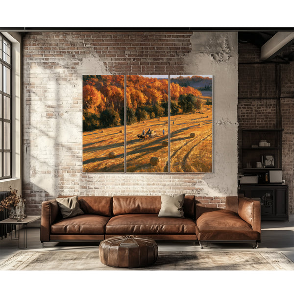 Autumn Harvest Field With Horse-Drawn Wagon by Bella Frye