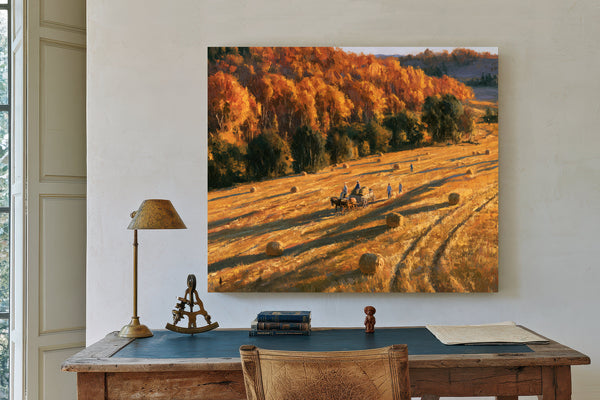 Autumn Harvest Field With Horse-Drawn Wagon by Bella Frye