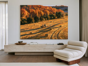 Autumn Harvest Field With Horse-Drawn Wagon by Bella Frye